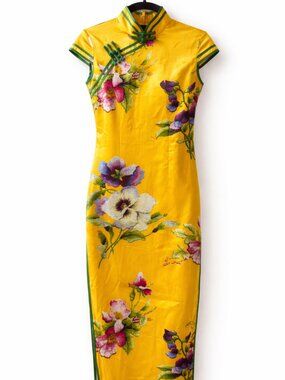 Women’s Silk Qipao Cheongsam Dress Yellow Floral Print M Long Double Layer